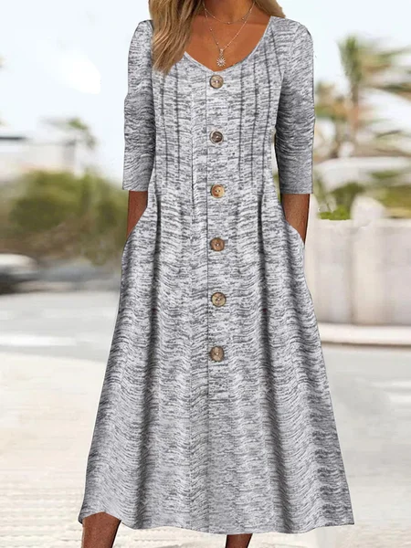 

Women Casual Plain Three Quarter Sleeve Button V Neck Pockets Spring Midi Dress, Gray, Midi Dresses