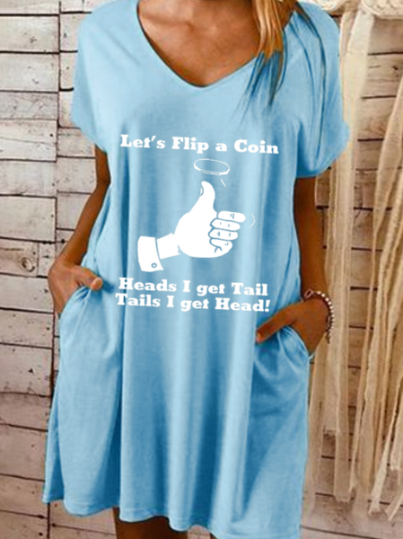

V Neck Loose Text Letters Casual Dress, Light blue, Dresses