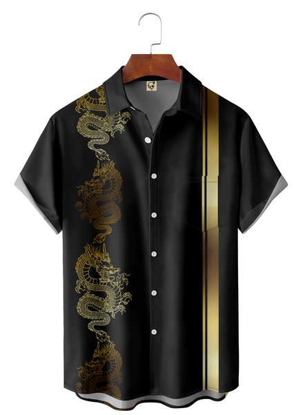 

Dragon Chest Pocket Short Sleeve Casual Shirt, Black, Men Shirts