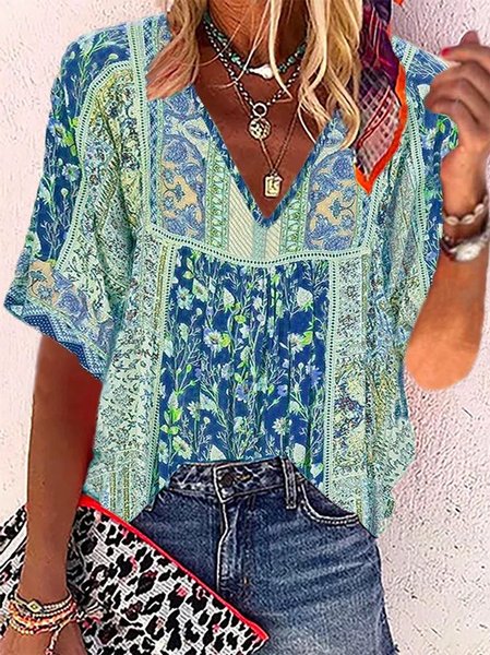 

Plus Size V Neck Floral Boho Loose Top, Green, Shirts & Blouses