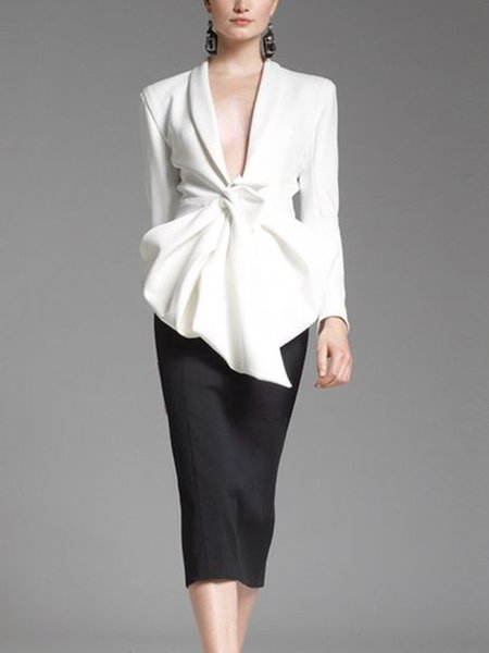 

Simple V Neck Regular Fit Plain Blazer, White, Blazers