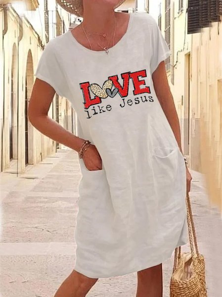 

Casual Crew Neck Text Letters Loose Dress, White, Mini Dresses