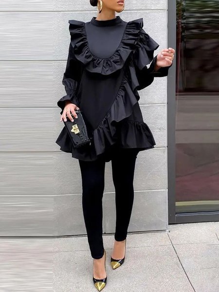 

Plain Loose Urban Stand Collar Blouse, Black, Blouses and Shirts