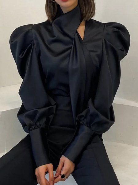 

Elegant Plain Regular Fit Long Sleeve Blouse, Black, Blouses and Shirts