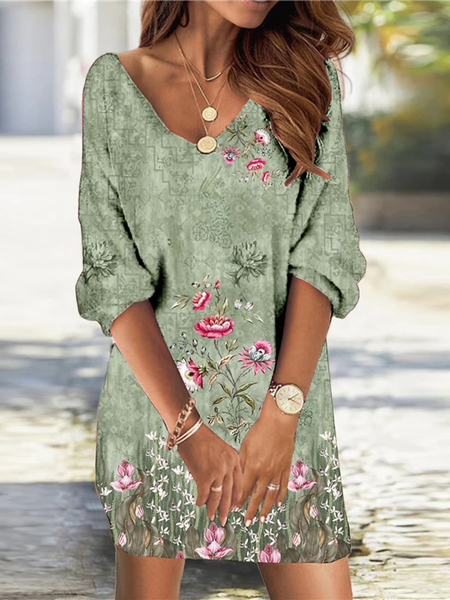 

V Neck Floral Casual Regular Fit Dress, Green, Dresses