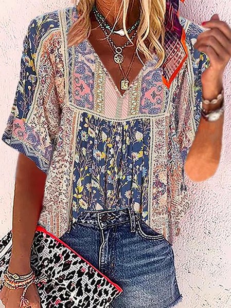 

Plus Size Boho Floral Loose V Neck Top, Purple, Shirts & Blouses