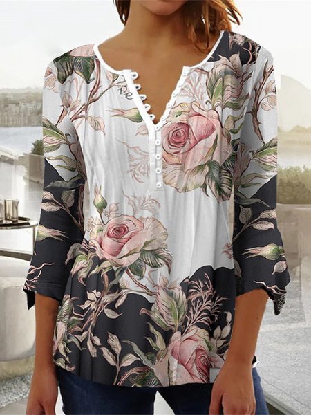 

Regular Fit Floral Casual V Neck Top, White, Shirts & Blouses