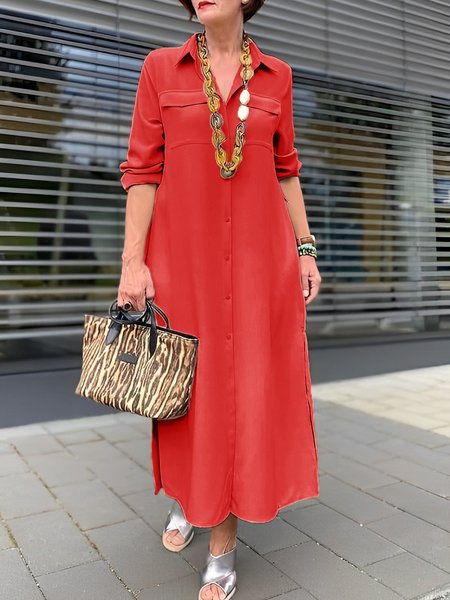 

Shirt Collar Simple Plain Loose Dress, Red, Maxi Dresses