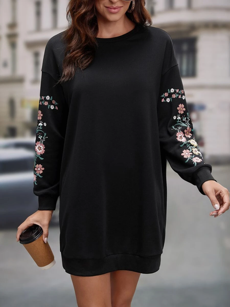 

Boho Crew Neck Loose Floral Dress, Black, Dresses