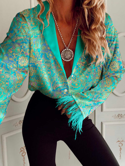 

Boho V Neck Loose Ethnic Blouse, Green, Shirts & Blouses
