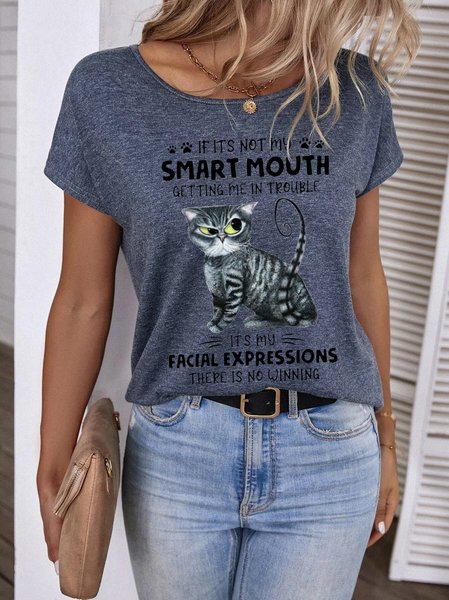 

Cat Text Letters Cotton-Blend Crew Neck Casual T-Shirt, Gray, T-Shirts