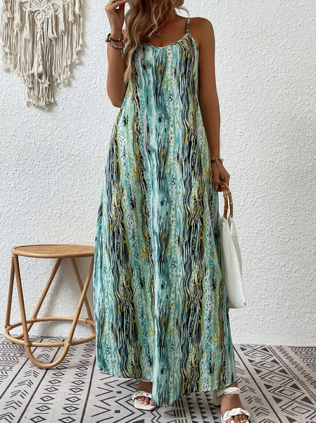 

Crew Neck Loose Vacation Dress, Green, Dresses