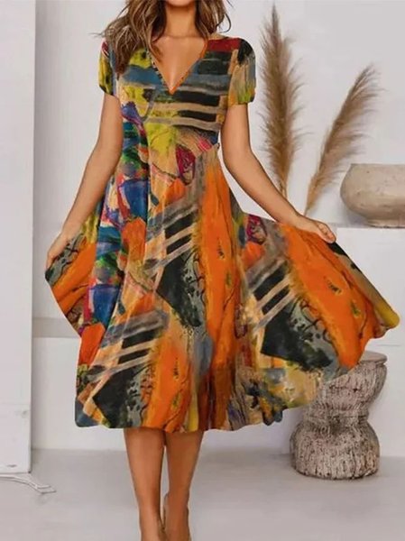 

Plus Size V Neck Abstract Casual Loose Dress, Orange, DRESSES