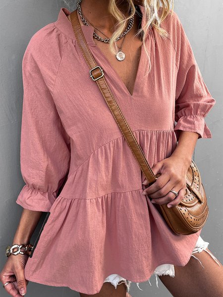

Casual Solid Flounce Fold V Neck Long Sleeve Tops, Dark pink, Tops