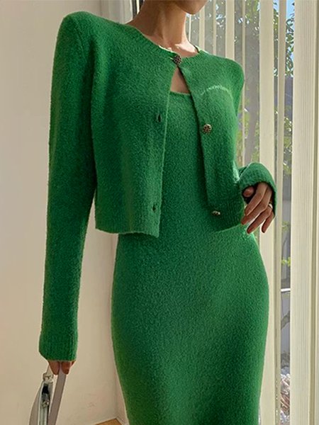 

Elegant Crew Neck Plain Long Sleeve Sweater Coat, Green, Cardigans