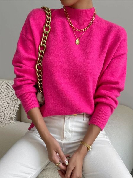 

Long sleeve Elegant Half Turtleneck Regular Fit Sweater, Rose red, Pullovers