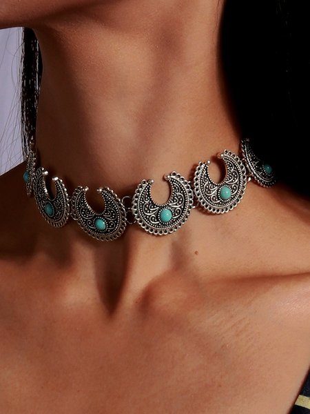 

Boho Silver Paved Turquoise Moon Necklace Ethnic Vintage Beach Jewelry, Necklaces