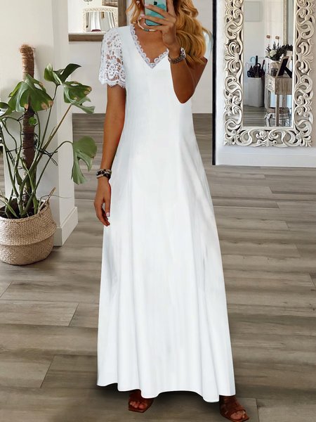 

Casual Lace V Neck Knitted Dress, White, Formal Dresses