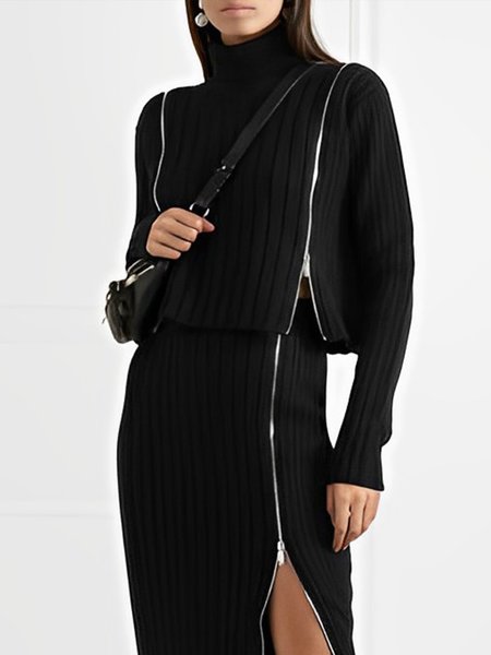 

Turtleneck Urban Plain Zipper Sweater, Black, Pullovers