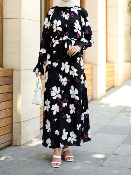 

Elegant Floral Regular Fit Dress, Black, Maxi Dresses