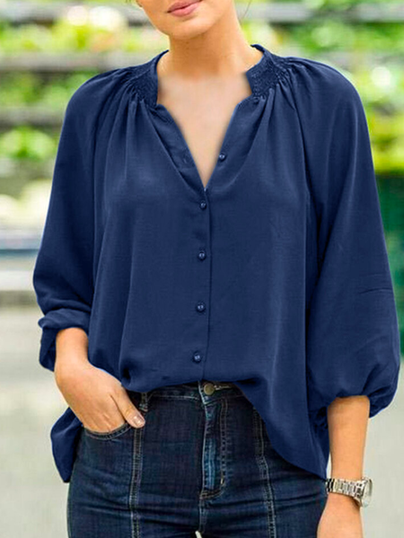 

V Neck Loose Casual Blouse, Blue, Shirts & Blouses