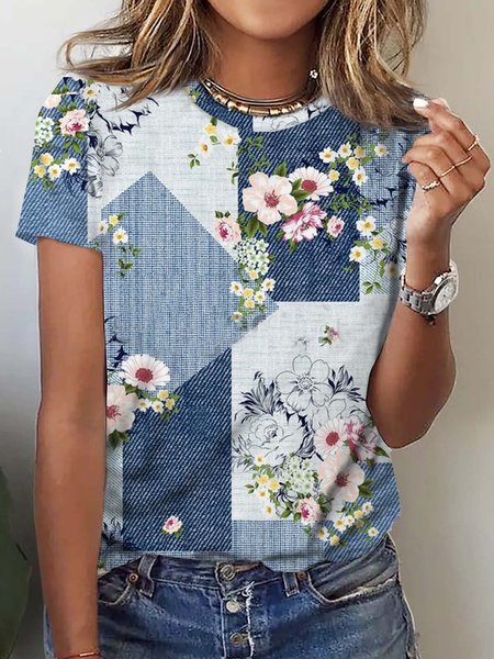 

Casual Knitted Floral Crew Neck T-Shirt, Multicolor, T-Shirts
