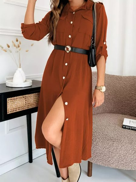 

Loose Buttoned Plain Casual Dress, Brown, Dresses