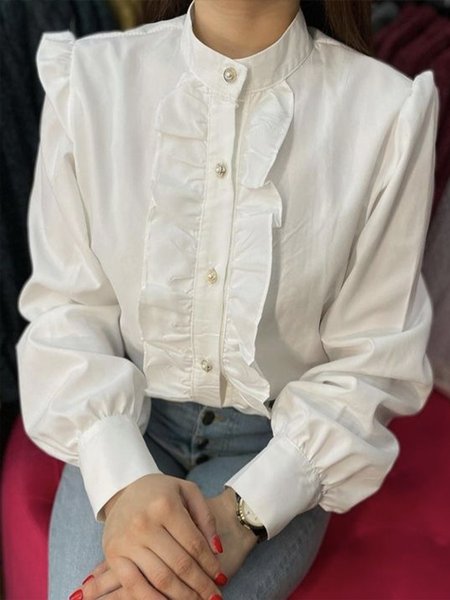 

Long sleeve Elegant Stand Collar Plain Blouse, White, Blouses and Shirts