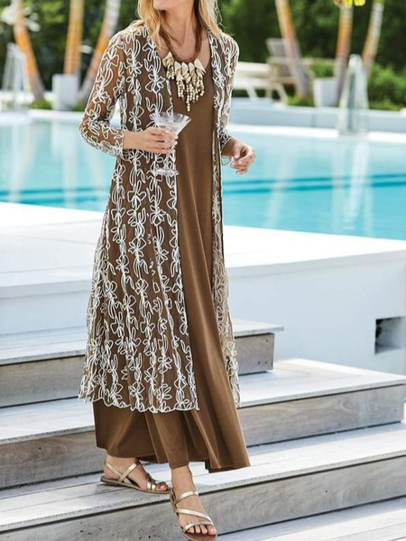 

Casual Crew Neck Lace Loose Two-Piece Set, Khaki, Dresses