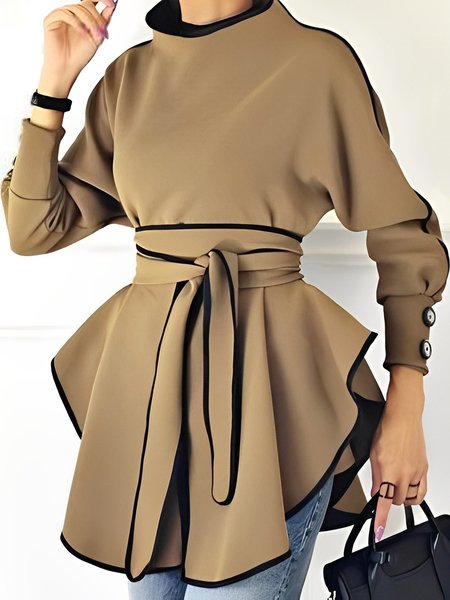 

Plain Loose Elegant Stand Collar Top, Khaki, Blouses and Shirts