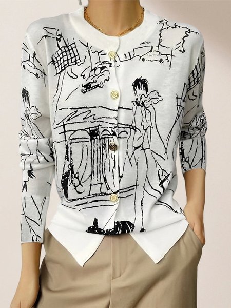 

Crew Neck Regular Fit Abstract Casual Top, Black-white, Linen Tops