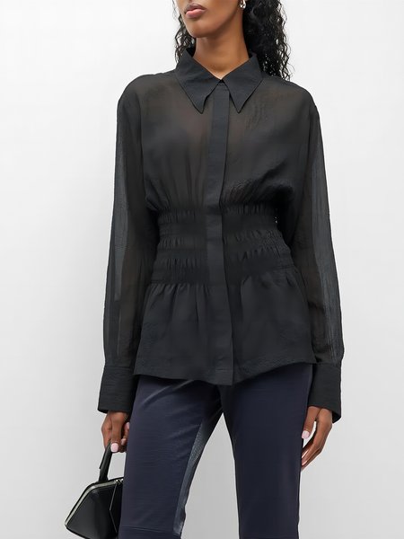 

Plain Regular Fit Shirt Collar Elegant Blouse, Black, Blouses and Shirts