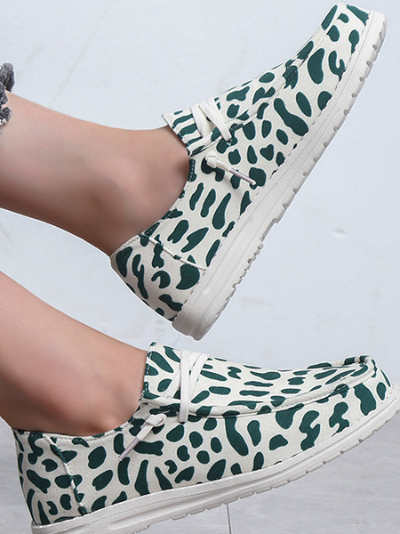 Geometric,Leopard, Denim Lace-Up Canvas Flats, White, Sneakers