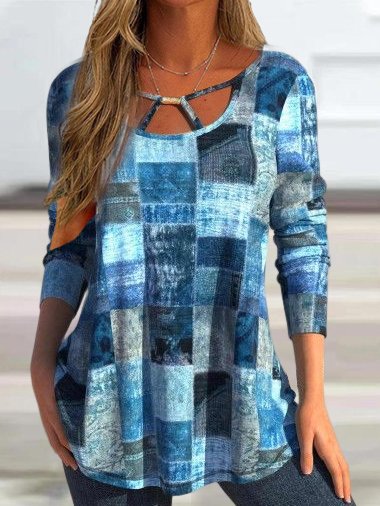 

Loose Knitted Casual Abstract Graphic T-Shirt, Blue, T-Shirts