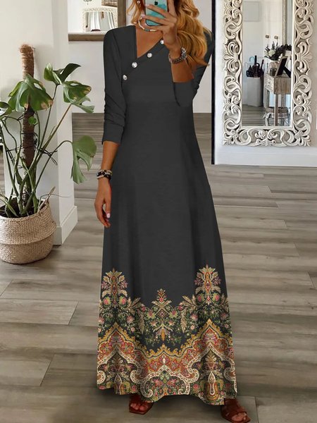 Buckle Ethnic Printed Asymmetrical Collar Casual Dress, Black, Maxi