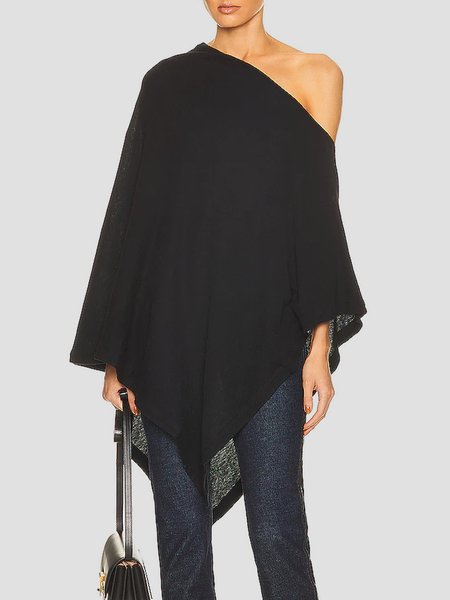 

Long sleeve Urban Loose One Shoulder Top, Black, Linen Tops