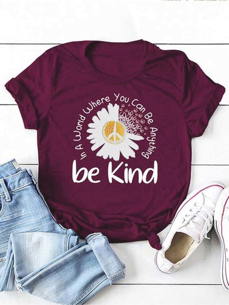 

Women's Be Kind Daisy Floral Cotton Blends Casual T-shirt, Wine red, T-shirts