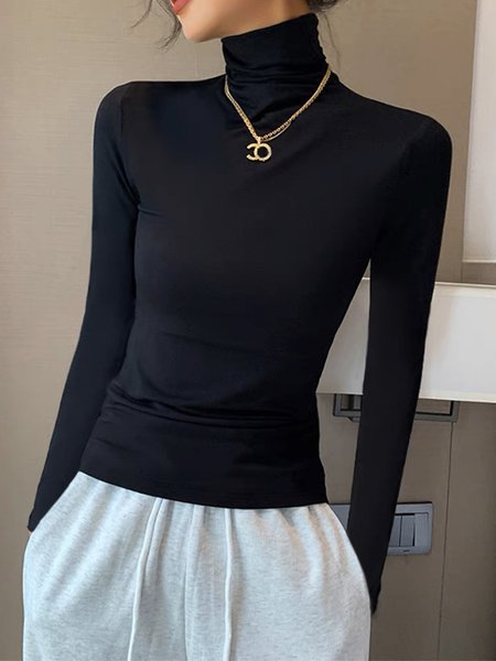 

Simple Turtleneck Tight Long Sleeve Plain T-Shirt, Black, Tees