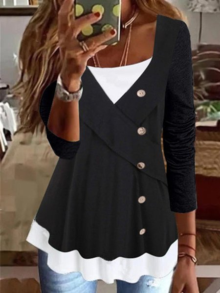 

Regular Fit Color Block Square Neck Casual Top, Black, Shirts & Blouses