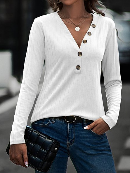 

Regular Fit V Neck Plain Casual Top, White, Shirts & Blouses