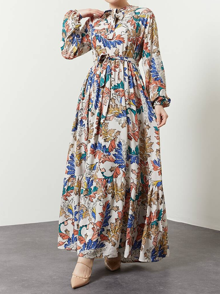 

Elegant Stand Collar Leaf Dress, Multicolor, Maxi Dresses