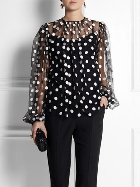 

Elegant Loose Polka Dots Crew Neck Long Sleeve Blouse, Black, Blouses and Shirts
