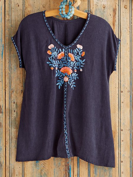 

Casual V Neck Floral Top, Dark blue, Tops