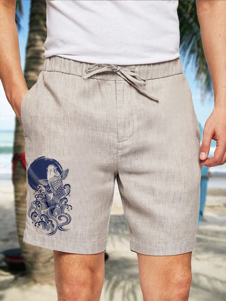 

Ukiyoe Carp Cloud Print Elastic Waist Bermuda, Khaki, Men's shorts