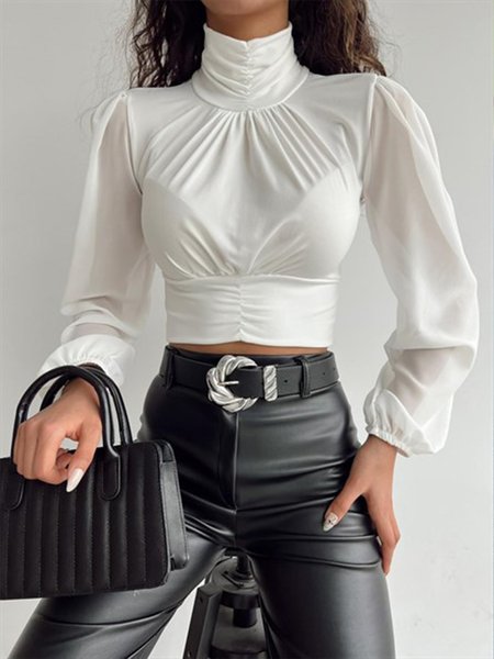 

Plain Elegant Regular Fit Stand Collar Top, White, Linen Tops