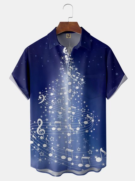 

Music Chest Pocket Short Sleeve Shirt, Blue, Men Shirts