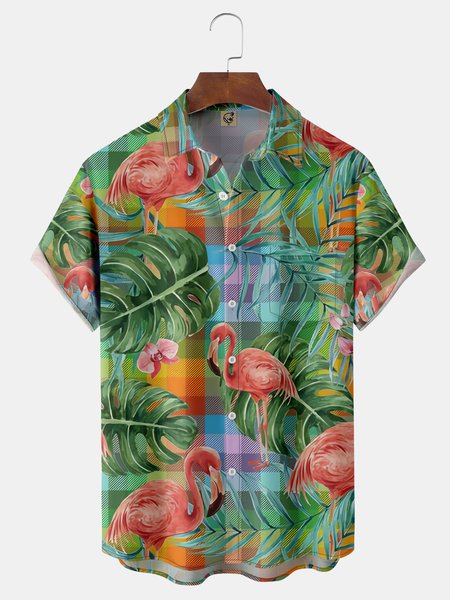 

Ombre Plaid Flamingo Chest Pocket Short Sleeve Hawaiian Shirt, Green, Men Shirts