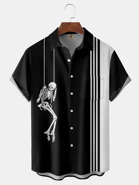 

Skull Chest Pocket Short Sleeve Shirt, Black, Men Shirts