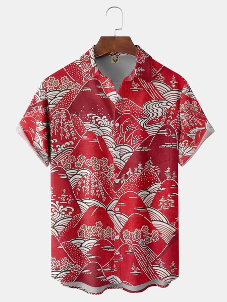 

Ukiyo-e Chest Pocket Short Sleeve Casual Shirt, Red, Men Shirts