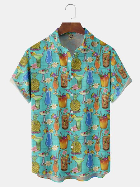 

Fruit Juice Pineapple Chest Pocket Short Sleeve Shirt, Blue, Men Shirts